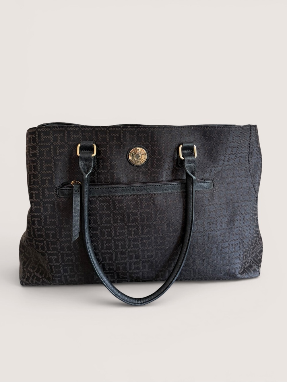 Tommy Hilfiger Black Brown Logo Jacquard Tote with Gold Emblem